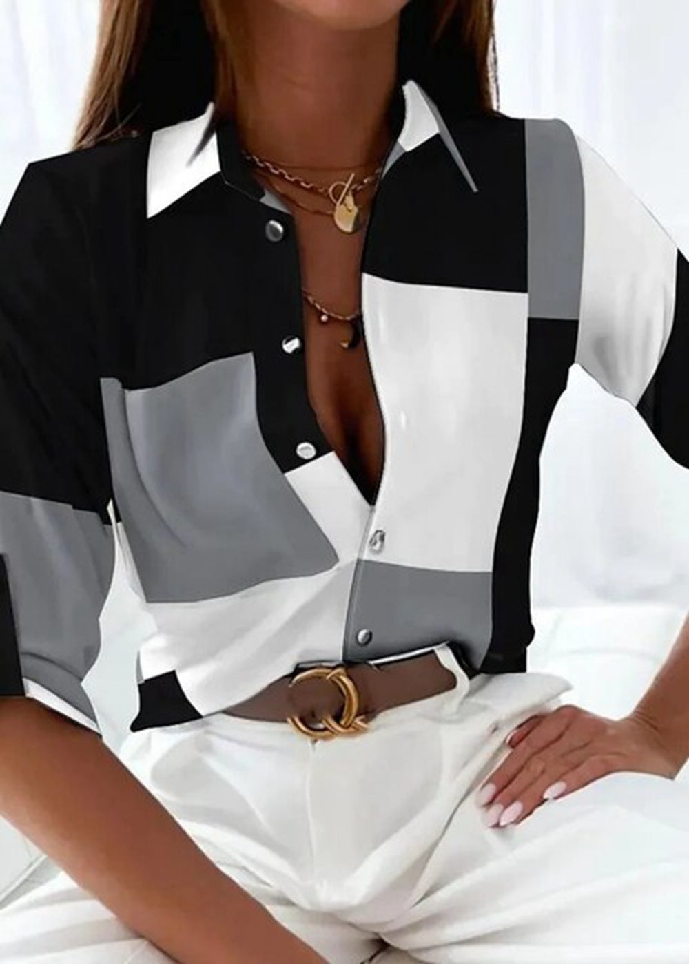 Women's Printed Geometric Shirt Without Chest Pocket