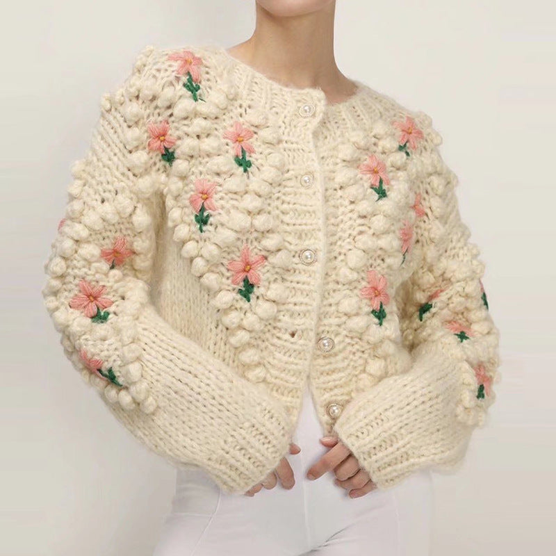 Handmade Crocheted Embroidery Twist Pearl Buckle Knitted Sweater Cardigan Coat