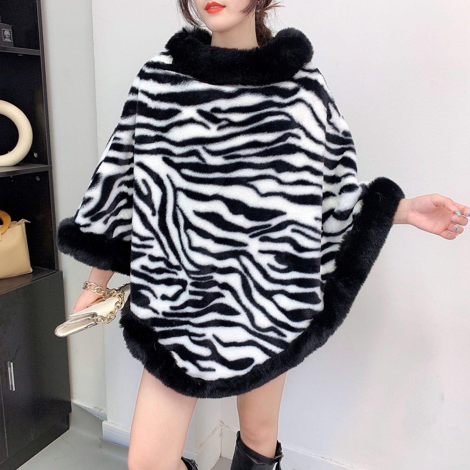 Autumn And Winter New Lazy Wind Inverness Women's Mid-length Imitation Rex Rabbit Fur Pullover Cloak