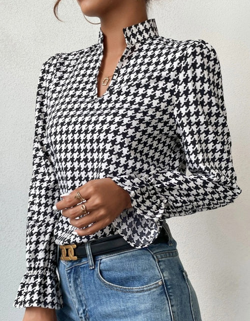 Load image into Gallery viewer, Houndstooth V-neck Long Sleeve Top Women
