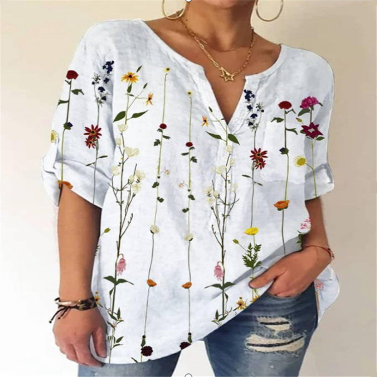 Women's Fashion Loose Printed V-neck Top