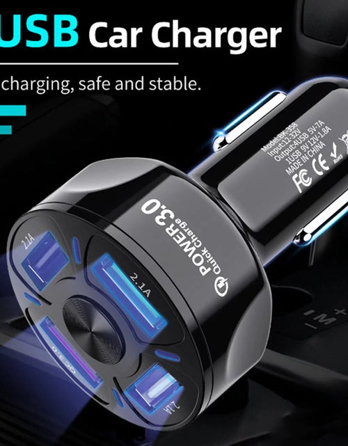 Load image into Gallery viewer, 4-Port USB Car Charger, QC3.0 Fast Charging 4 USB Car Charger Adapter 7A Smart Shunt Car Phone Charger with Light, Suitable for Iphone &amp; Android,Samsung Galaxy S10 S9 Plus
